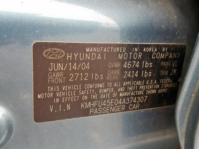 KMHFU45E04A374307 - 2004 HYUNDAI XG 350 BLUE photo 10