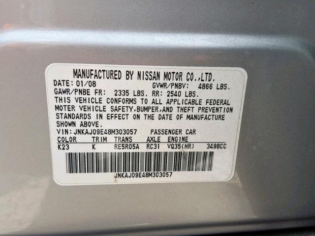 JNKAJ09E48M303057 - 2008 INFINITI EX35 BASE SILVER photo 10