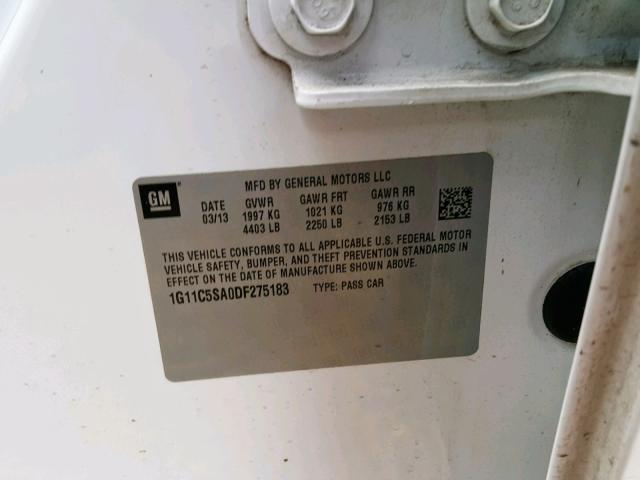 1G11C5SA0DF275183 - 2013 CHEVROLET MALIBU 1LT 白色 照片 10