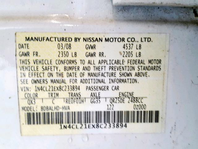 1N4CL21EX8C233894 - 2008 NISSAN ALTIMA HYB WHITE photo 10