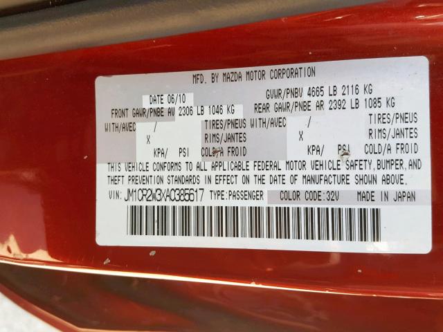 JM1CR2W3XA0385617 - 2010 MAZDA 5 RED photo 10