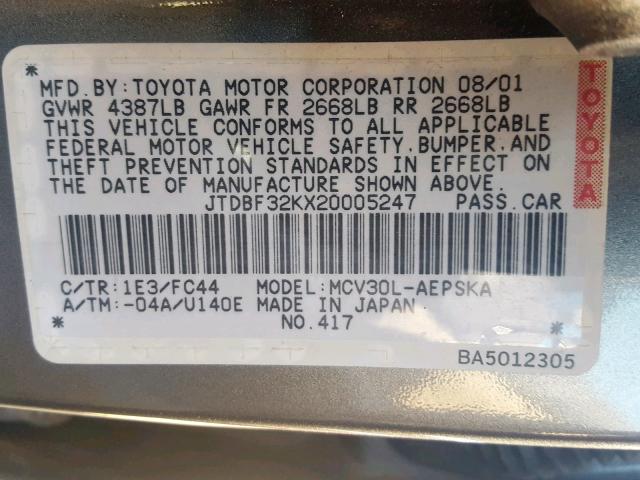 JTDBF32KX20005247 - 2002 TOYOTA CAMRY LE GRAY photo 10