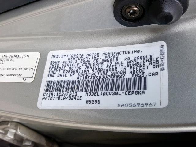 4T1BE32K63U255027 - 2003 TOYOTA CAMRY LE  photo 10