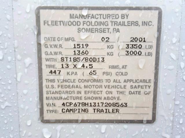 4CP678H1317208563 - 2001 FLEETWOOD POP UP WHITE photo 10