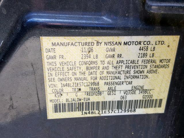 1N4BL21E57C129968 - 2007 NISSAN ALTIMA 3.5 GRAY photo 10