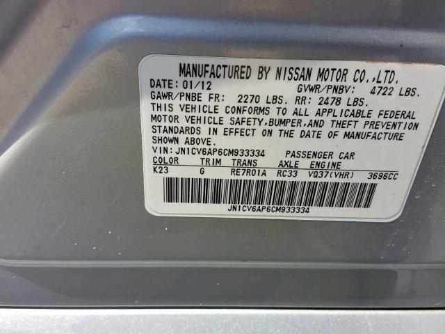 JN1CV6AP6CM933334 - 2012 INFINITI G37 BASE SILVER photo 10