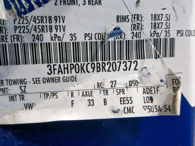 3FAHP0KC9BR207372 - 2011 FORD FUSION SPO BLUE photo 10