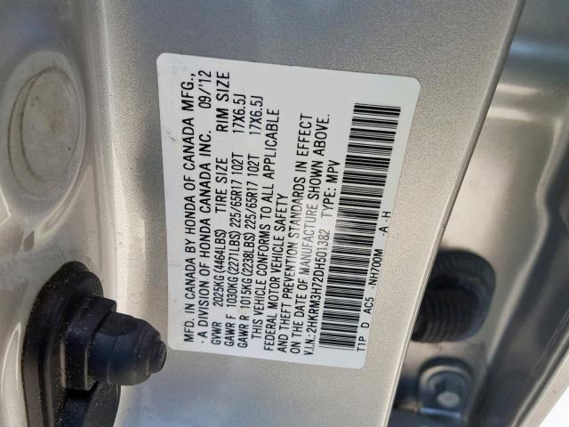 2HKRM3H72DH501382 - 2013 HONDA CR-V EXL SILVER photo 10