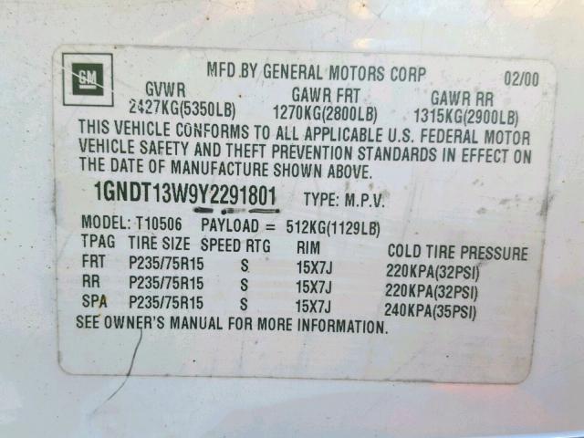 1GNDT13W9Y2291801 - 2000 CHEVROLET BLAZER WHITE photo 10