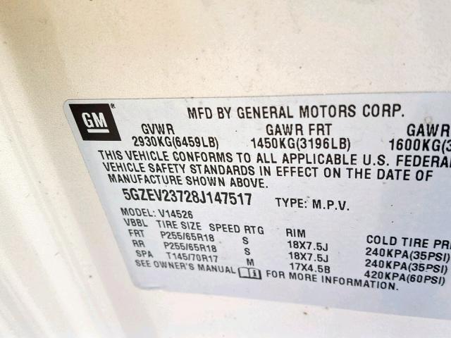 5GZEV23728J147517 - 2008 SATURN OUTLOOK XR ოქროსფერი ფოტო 10