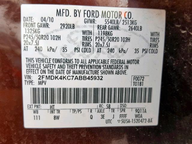 2FMDK4KC7ABB45932 - 2010 FORD EDGE LIMIT BROWN photo 10