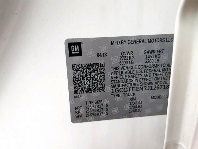 1GCGTEEN3J1267183 - 2018 CHEVROLET COLORADO Z WHITE photo 10
