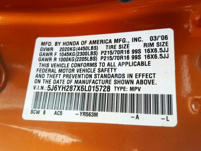 5J6YH287X6L015728 - 2006 HONDA ELEMENT EX ORANGE photo 10