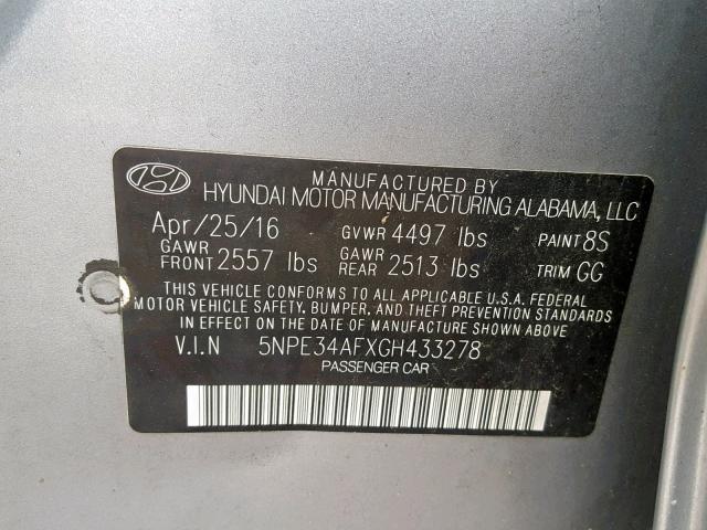 5NPE34AFXGH433278 - 2016 HYUNDAI SONATA SPO GRAY photo 10