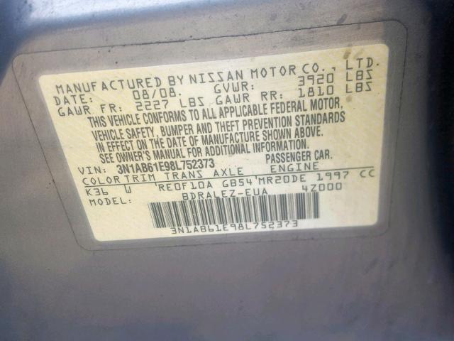 3N1AB61E98L752373 - 2008 NISSAN SENTRA 2.0 SILVER photo 10