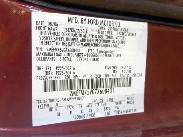 2MEFM75V07X608431 - 2007 MERCURY GRAND MARQ MAROON photo 10