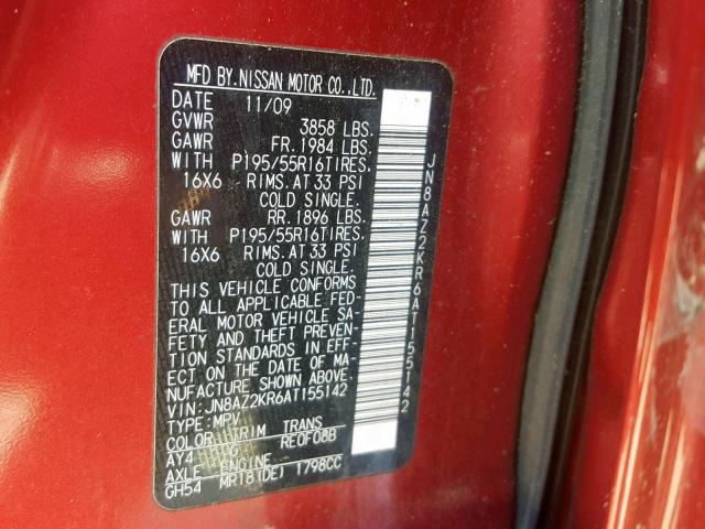 JN8AZ2KR6AT155142 - 2010 NISSAN CUBE BASE RED photo 10