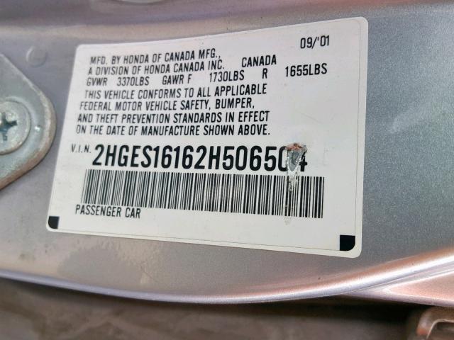 2HGES16162H506504 - 2002 HONDA CIVIC DX SILVER photo 10