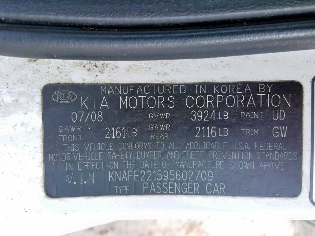 KNAFE221595602709 - 2009 KIA SPECTRA EX WHITE photo 10