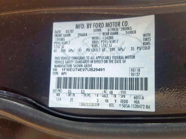 1FMEU74E97UB29491 - 2007 FORD EXPLORER E GRAY photo 10