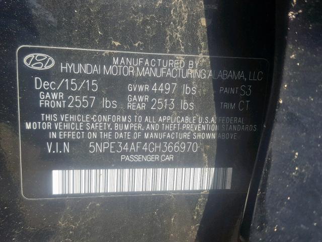 5NPE34AF4GH366970 - 2016 HYUNDAI SONATA SPO BLACK photo 10