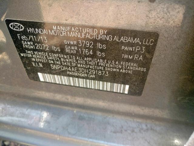 5NPDH4AE3DH291873 - 2013 HYUNDAI ELANTRA GL GRAY photo 10