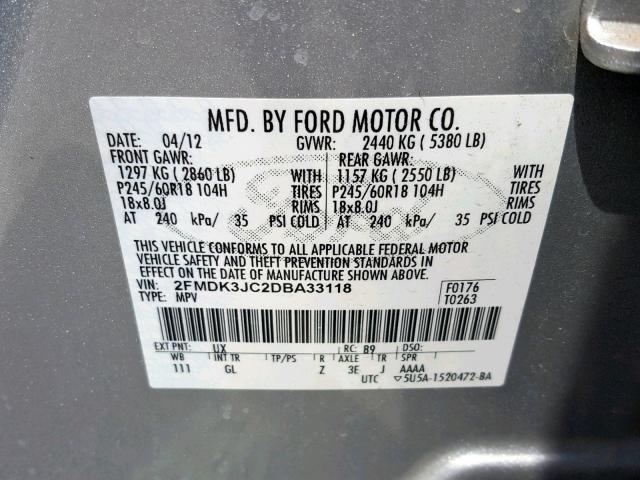 2FMDK3JC2DBA33118 - 2013 FORD EDGE SEL SILVER photo 10