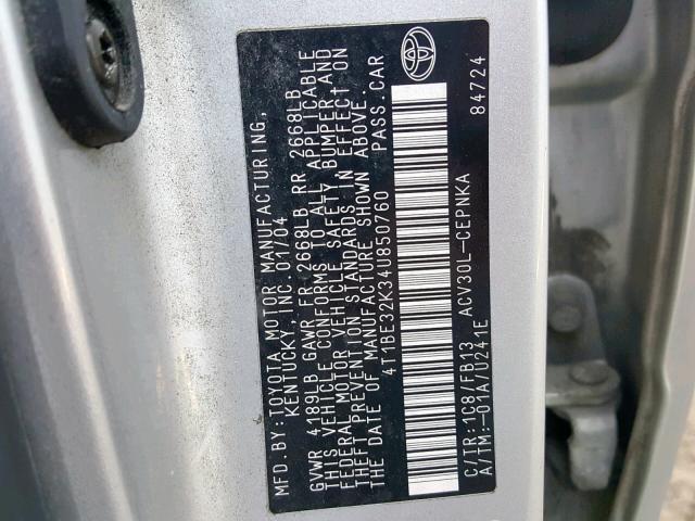 4T1BE32K34U850760 - 2004 TOYOTA CAMRY LE SILVER photo 10