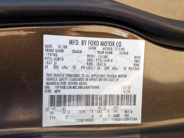 1FMEU64E38UA67095 - 2008 FORD EXPLORER E BROWN photo 10