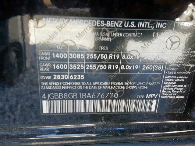 4JGBB8GB1BA676720 - 2011 MERCEDES-BENZ ML 350 4MA BLACK photo 10