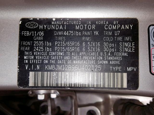 KM8JM12B96U402125 - 2006 HYUNDAI TUCSON GL SILVER photo 10