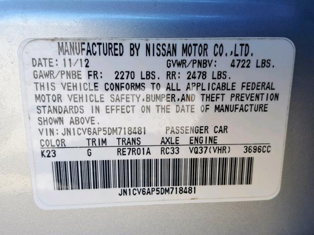 JN1CV6AP5DM718481 - 2013 INFINITI G37 BASE SILVER photo 10