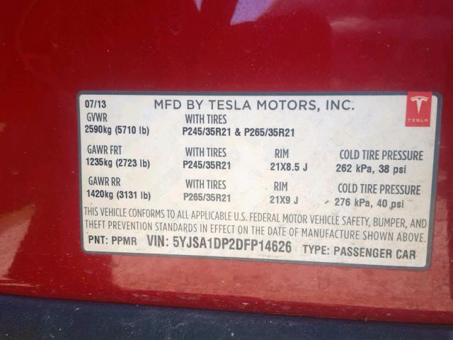 5YJSA1DP2DFP14626 - 2013 TESLA MODEL S RED photo 10