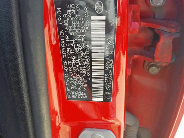 JTKKT624X50100383 - 2005 TOYOTA SCION XA RED photo 10