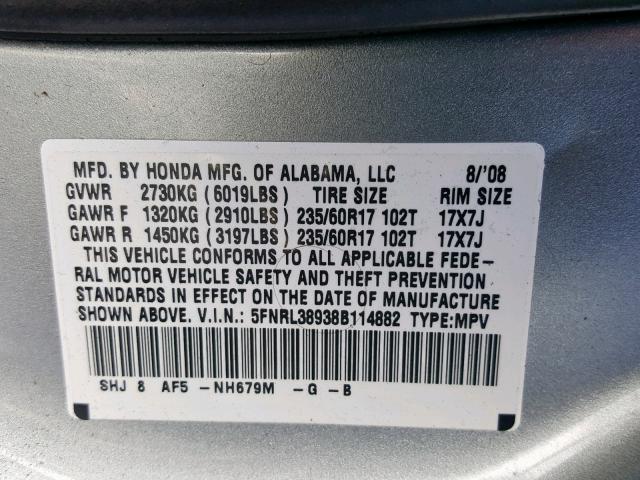 5FNRL38938B114882 - 2008 HONDA ODYSSEY TO SILVER photo 10