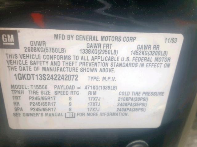 1GKDT13S242242072 - 2004 GMC ENVOY BLACK photo 10