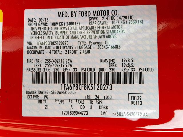 1FA6P8CF8K5120273 - 2019 FORD MUSTANG GT RED photo 10