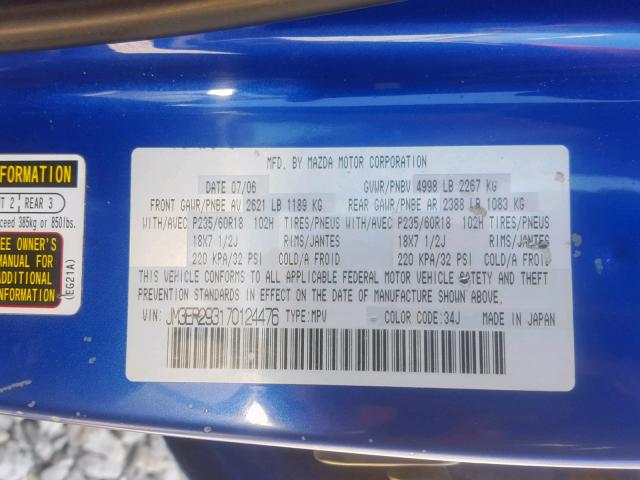 JM3ER293170124476 - 2007 MAZDA CX-7 BLUE photo 10