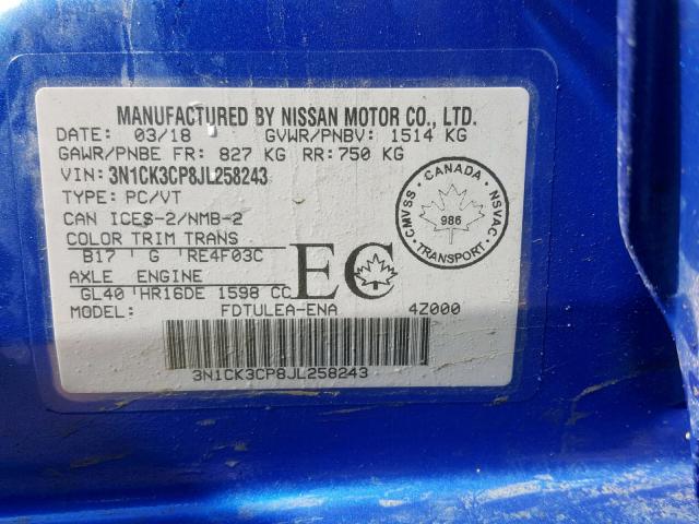 3N1CK3CP8JL258243 - 2018 NISSAN MICRA BLUE photo 10