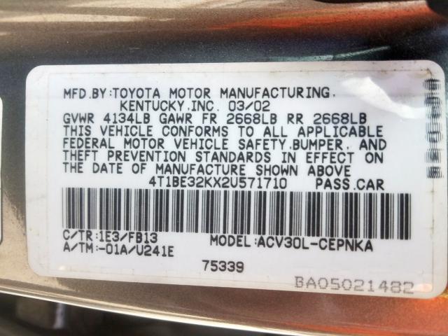 4T1BE32KX2U571710 - 2002 TOYOTA CAMRY LE  photo 10