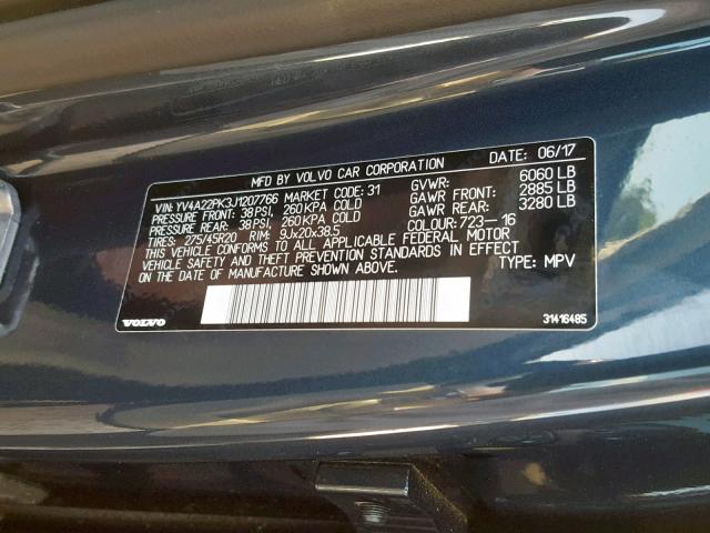 YV4A22PK3J1207766 - 2018 VOLVO XC90 T6 BLUE photo 10