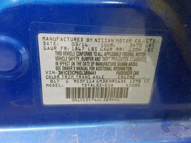 3N1CE2CP6GL389441 - 2016 NISSAN VERSA NOTE BLUE photo 10