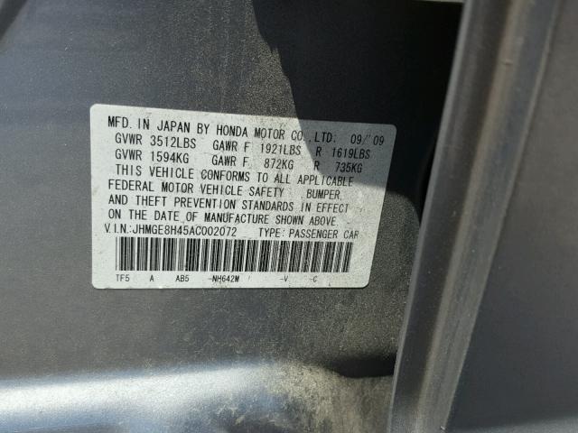 JHMGE8H45AC002072 - 2010 HONDA FIT SPORT GRAY photo 10