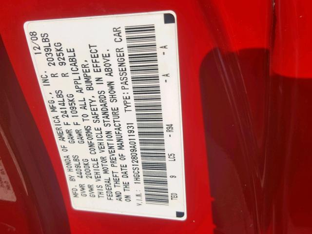 1HGCS12809A011931 - 2009 HONDA ACCORD EXL RED photo 10