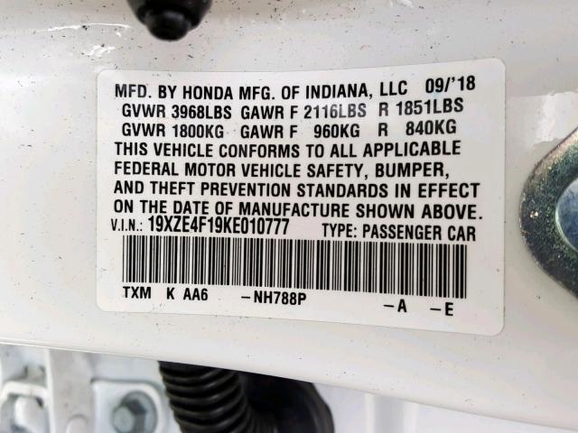 19XZE4F19KE010777 - 2019 HONDA INSIGHT LX WHITE photo 10