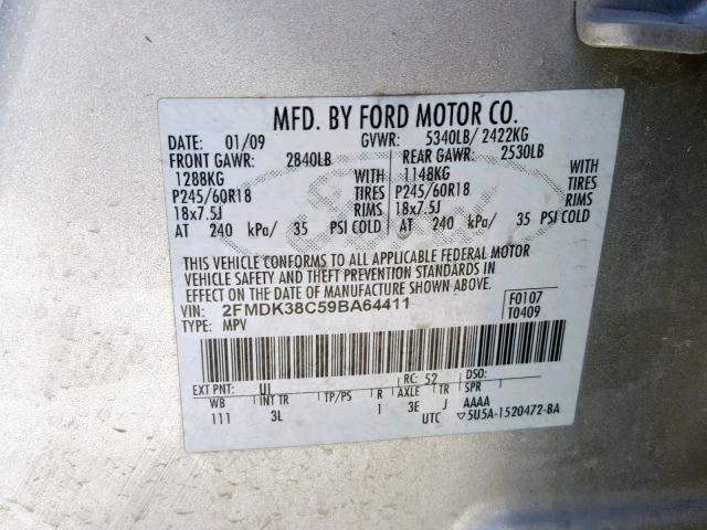 2FMDK38C59BA64411 - 2009 FORD EDGE SEL SILVER photo 10