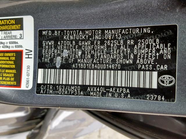 4T1BD1EB4DU014670 - 2013 TOYOTA AVALON HYB GRAY photo 10