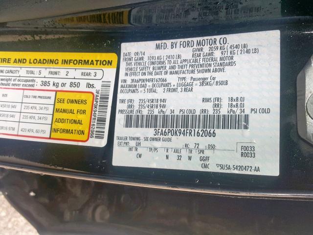 3FA6P0K94FR162066 - 2015 FORD FUSION TIT BLACK photo 10