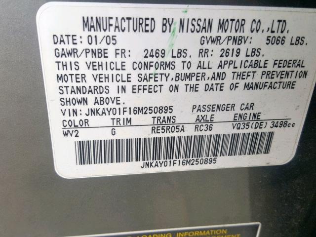 JNKAY01F16M250895 - 2006 INFINITI M35 BASE SILVER photo 10