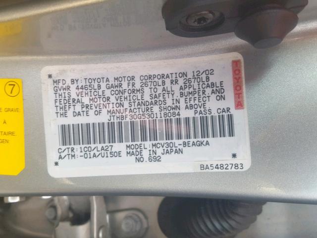 JTHBF30G530118084 - 2003 LEXUS ES 300 SILVER photo 10